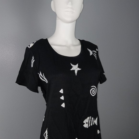 Connie Choi Women's Knee Length Shift Dress Size Medium Black Fish Print VTG - Picture 2 of 9